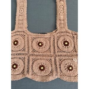 Crochet Granny Square Tank Top Crop Sz Medium Boho Festival Beige Brown Retro
